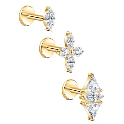 limerencia Titanium Internally Threaded Flat Back Earrings, 3 Pcs Implant Grade Hypoallergenic Studs, 18G Tragus Helix Conch Cartilage Piercing Jewelry for Sensitive Ears Women Men, Gold/Silver - color: Gold-Vibe A