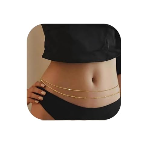 14K Gold Plated Silver Waist Chain, Layered Belly Belt, Waterproof Snake Cuban Body Chain for Women, Summer Beach Jewelry Accessories - color: 02 gold