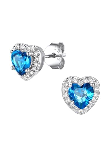 FindChic Birthstone Earrings for Women, Round/Heart/Square/Teardrop Earrings with 925 Sterling Silver Posts & Push Backs, Hypoallergenic Studs with Cubic Zirconia, 12 Months Jewelry with Gift Box - style: 12. December-Blue Topaz (Heart-Silver)