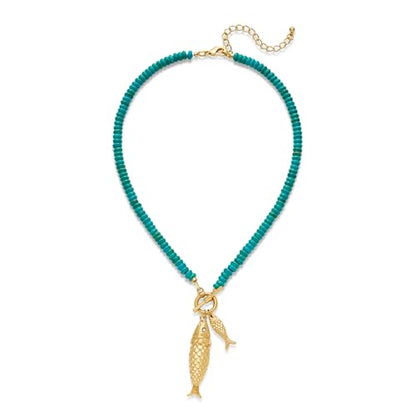 Chunky Gold Fish Pendant Necklace For Women Long Silk Scarf Turquoise Strand Necklace With Fish Pendants Boho Beach Shell Statement Necklaces - style: Turquoise Strand