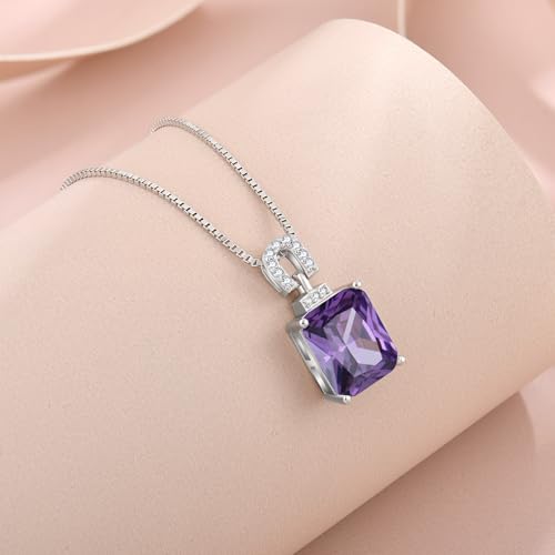 Emerald Cut Birthstone Necklace for Women 925 Sterling Silver | Baguette Birthstone Pendant Necklace, Jewelry for Mom Wife - color: Purple