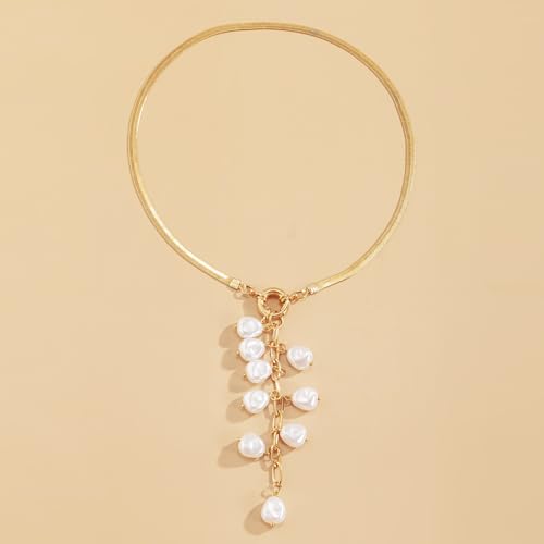 Women's Baroque Beaded Y Necklace, Trendy Pendant Long Choker, Simple Daily Wear Jewelry Gift - color: Golden