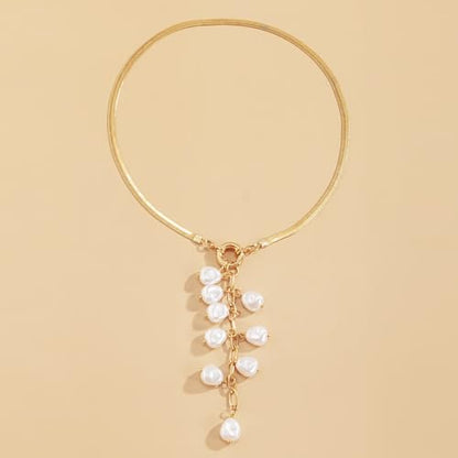 Women's Baroque Beaded Y Necklace, Trendy Pendant Long Choker, Simple Daily Wear Jewelry Gift - color: Golden