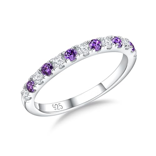 Birthstone Rings Eternity Band 925 Sterling Silver/Yellow Gold-Plated Created Gemstone Stackable Wedding Band 2.7mm Thin Half Eternity Rings for Women Size 6 to 10 - color: 02-Amethyst-Feb.