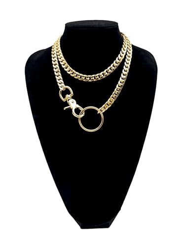 paloli Women's Slip Chain Rainbow Heart O-Ring Chunky Chain Necklace, Rays Cuban Long Layered Jewelry, Adjustable Lariat Y-Necklace Heart Loop Choker - color: M-Oring-Gold