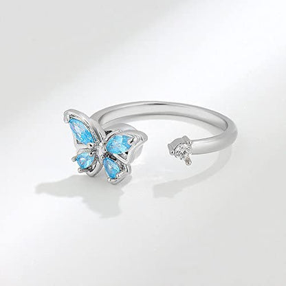 COLORFUL BLING Fidget Sunflower Evil Eye Daisy Spinner Stackable Rings Bee Butterfly Adjustable Open Rotatable CZ Cubic Zirconia Anti Stress for Women Wedding Jewelry - style: Butterfly