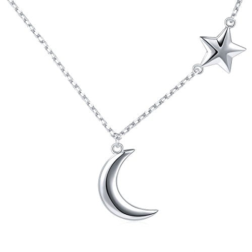 Ladytree 925 Sterling Silver Jewelry Crescent Moon and Star Pendant Necklace - style: One Star A