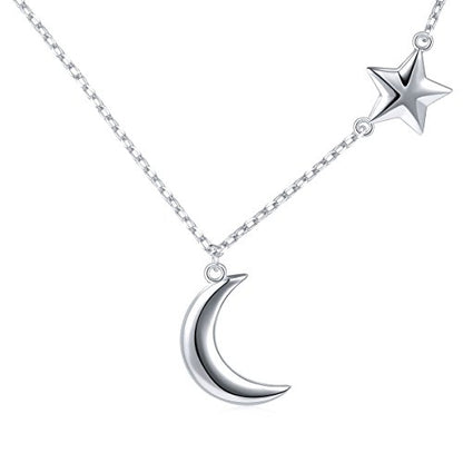 Ladytree 925 Sterling Silver Jewelry Crescent Moon and Star Pendant Necklace - style: One Star A