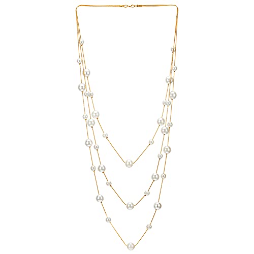 Statement Necklace Three-Strand Long Chains with Synthetic Pearl Beads, Elegant, Dress - color: A-Beads Color: White