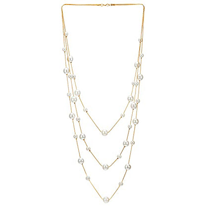 Statement Necklace Three-Strand Long Chains with Synthetic Pearl Beads, Elegant, Dress - color: A-Beads Color: White