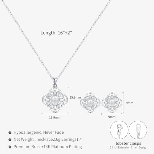 14K Gold Plated | 14K Platinum Plated Necklace for Women Necklace Earrings Set with Sparkling Zircon Inlay and Silver Post Earrings - color: Pearl flower silver suit
