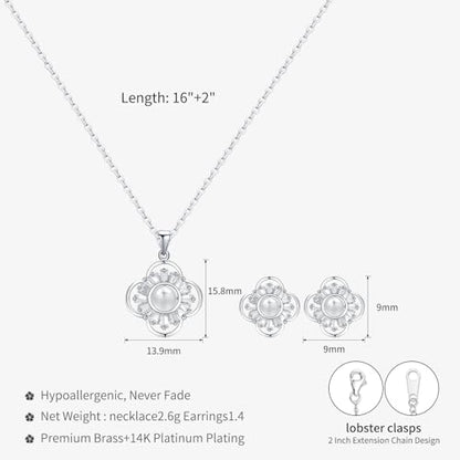 14K Gold Plated | 14K Platinum Plated Necklace for Women Necklace Earrings Set with Sparkling Zircon Inlay and Silver Post Earrings - color: Pearl flower silver suit