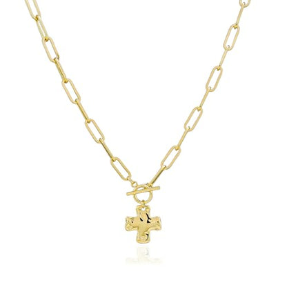 Bheop Chunky Cross Necklace for Women, 14K Gold Silver Statement Necklace | Sturdy Paperclip Chain, Hammered Pendant, Vintage Charm, Trendy Costume Jewelry, Faith Christian Religious Gift, Non Tarnish - style: GD-Toggle Necklace(0.8 inch Pendant)
