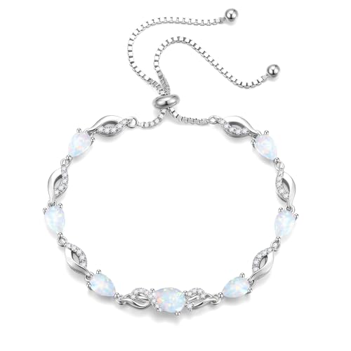 FANCIME Birthstone Teardrop Tennis Bracelet for Women, Sterling Silver 9x7mm main Gemstone Bolo Adjustable Chain Bracelet Fine Jewelry Birthday Gifts for Women Mom Wife Her - color: 10-Opal