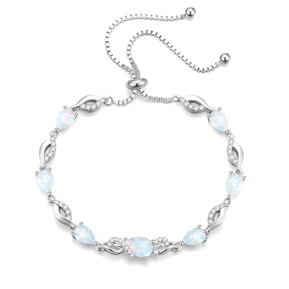 FANCIME Birthstone Teardrop Tennis Bracelet for Women, Sterling Silver 9x7mm main Gemstone Bolo Adjustable Chain Bracelet Fine Jewelry Birthday Gifts for Women Mom Wife Her - color: 10-Opal