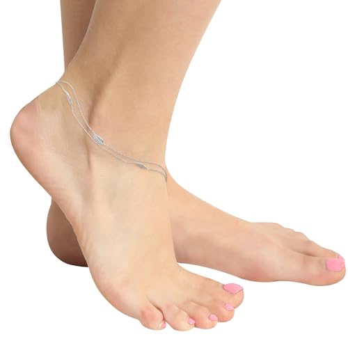 Vanbelle Genuine Sterling Silver Jewelry - Rhodium Plated with 925 Stamp - Designer Leaf Anklet - Elegant handcrafted Double layered Chain Anklet for Women - 9" long + 1" extender