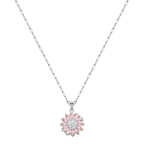Sunflower Fidget Necklace for Women Gold Moon Necklace Rotating Heart Necklaces Spinning Crystal Flower Anxiety Necklaces Crescent Moons Jewelry Accessories - color: SilverPink