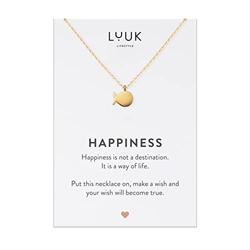 LUUK LIFESTYLE Stainless steel necklace with pendant and HAPPINESS card, 20” adjustable length, lucky charm, friendship chain, Valentine's Day gift, birthday, women's jewelry, silver, gold, rosegold - color: Gold, size: Whale