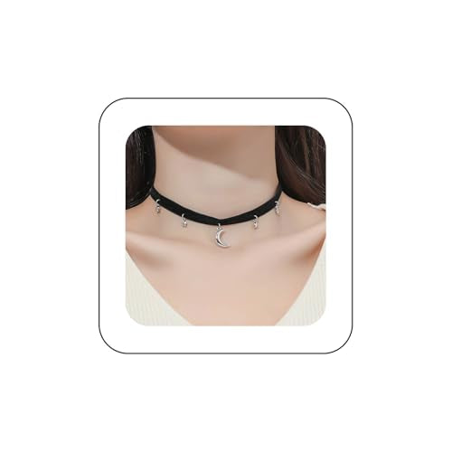 YienDoo Punk Black Velvet Choker Necklace Vintage Silver Tiny Moon Stars Pendant Necklace Suede Rope Chain Choker Gothic Statement Star Crescent Moon Necklace Charm Jewelry for Women