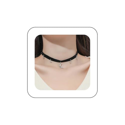 YienDoo Punk Black Velvet Choker Necklace Vintage Silver Tiny Moon Stars Pendant Necklace Suede Rope Chain Choker Gothic Statement Star Crescent Moon Necklace Charm Jewelry for Women