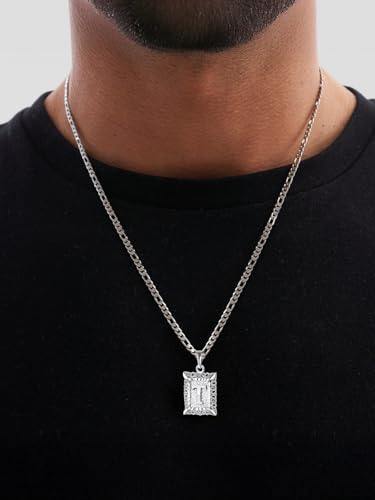 U7 Initial Letter Necklace for Men Women, 14K Gold/Silver Plated Square Capital Monogram Pendant Necklace from A-Z with 22+2 Inch Figaro Chain, Personalized Jewelry for Him - color: Silver, style: T