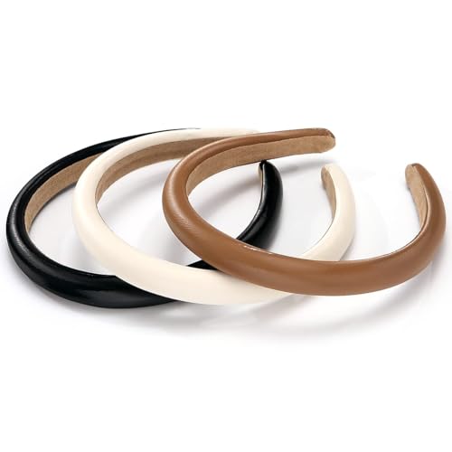 3 Pcs Padded Headbands for Women, Solid Color Leather Headbands, Fashion Headwear, Girls Women Hair Accessories (Black + white + brown)