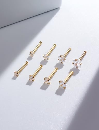 18G 20G 14K Gold Filled Nose Rings Studs Piercing Jewelry For Women Men 316L Surgical Steel Round Square Cubic Zirconia Nose Rings Studs Nostrial Piercing Jewelry CZ 1.5mm 2mm 2.5mm 3mm - color: 14K Gold Plated, size: 20 Gauge-Straight-Round and Square CZ