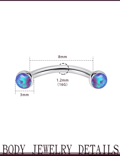 Jenxnjsjo F136 Titanium 16g 6/8/10mm Opal Eyebrow/Rook/Snug/Vertical-Labret/VCH/Snake-Eyes/Anti-Tragus/Christina/Daith/Belly-Button/Bridge/Hood/Surface Curved Barbell Piercing Jewelry for Women Men - color: Purple Opal, size: 8 mm