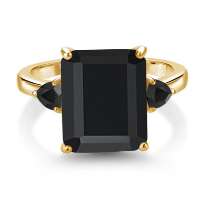 Gem Stone King 6.01 Cttw Black Onyx 3-Stone Ring For Women | 18K Yellow Gold Plated Silver | Emerald Cut 12X10MM | Gemstone Birthstone | Three Stone Wedding Anniversary Promise Ring