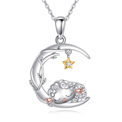 YAFEINI Moon Animal Necklace S925 Sterling Silver Owl/Fox/Red Panda/Possum/Snake/Dachshund Pendant Necklace Animal Jewelry Gifts for Women Mom Wife - style: Sheep