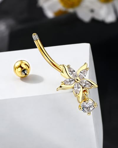 Flower Belly Button Ring 14G Dangle Navel Rings Stainless Steel Belly Button Piercing Jewelry - color: YG-10MM