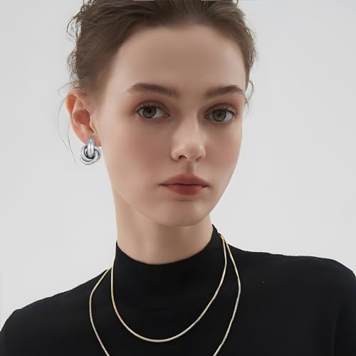 Gold Geometric Drop Dangle Earrings for Women Chunky Trendy Knot Stud Small Twisted Link Earring Jewelry Gift - color: A-Small Flower-Silver