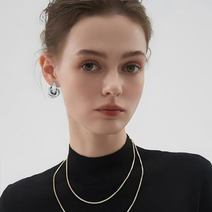 Gold Geometric Drop Dangle Earrings for Women Chunky Trendy Knot Stud Small Twisted Link Earring Jewelry Gift - color: A-Small Flower-Silver
