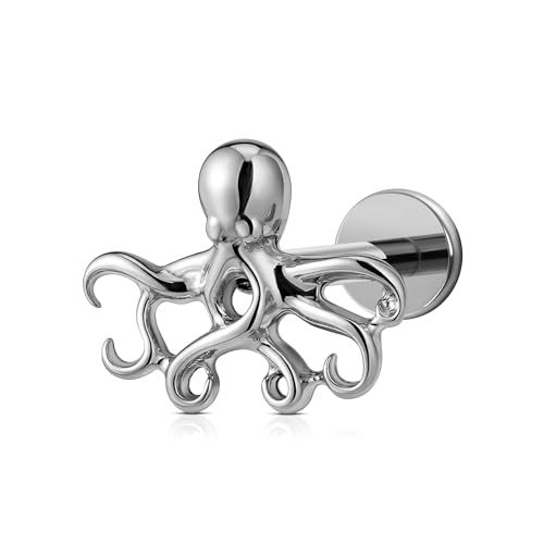 FINE4U 1PC 16G ASTM F136 Titanium Octopuses Piercings Jewelry with 6mm 8mm Post for Conch Helix Flat Labret 16G 6mm 8mm - color: Octopuses - Tit