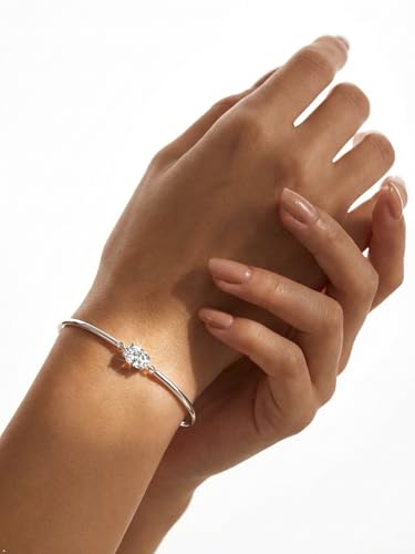Moissanite/Sapphire/Ruby/Emerald Cuff Bracelet 1 Carat Oval Cut Center Stone Inlaid 925 Sterling Silver 14K Gold Plated Adjustable Birthstone Bangle for Women fit Wrist 5-7.5 Inch - color: Moissanite Silver