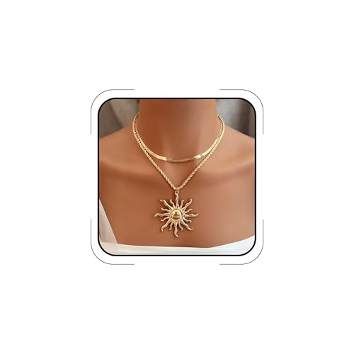 Sun Necklace for Women 14K Gold Silver Plated Layered Charm Necklace Double Chain Charm Pendant Necklaces Trendy Daily Wear Statement Jewelry Gift - color: Gold