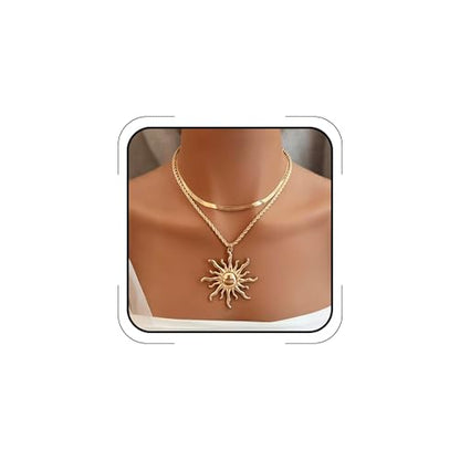 Sun Necklace for Women 14K Gold Silver Plated Layered Charm Necklace Double Chain Charm Pendant Necklaces Trendy Daily Wear Statement Jewelry Gift - color: Gold