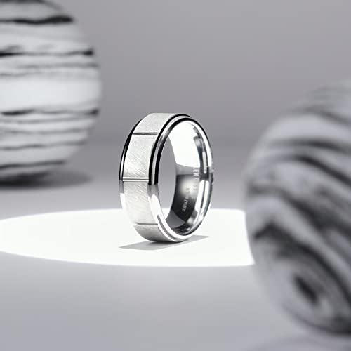 King Will Classic Mens 、Tungsten Carbide Rings Brick Pattern Groove Center | Silver/Black/Gold/Rose Gold, 8mm, Grooved, Comfort Fit, Brick pattern, Everyday Wear - color: F-Silver-Groove Center