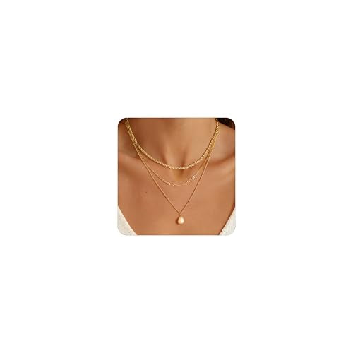 Layered Gold Necklace for Women Trendy,14K Gold Plated Dainty Stackable Cuban Link Herringbone Paperclip Chain Diamond/Coin/Cross/Tag/Mobius Pendant Necklace Set Fashion Jewelry Christmas Gifts - color: Gold Bead Pendant