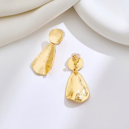 YUJIE Clip On Earrings for Women Dangle Hammered Geometric Earrings Gold Plated Jewelry - color: gold