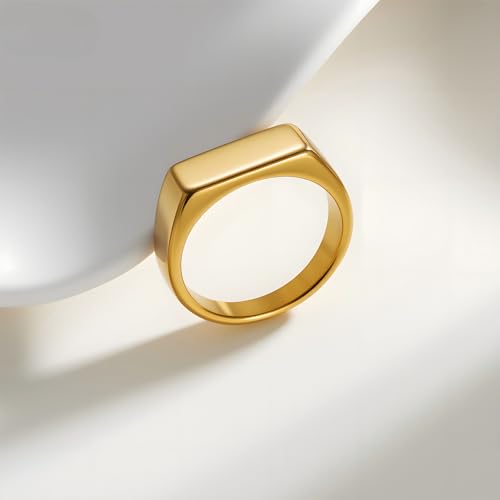 Mens Stainless Steel Plain Signet Rings 4/7/10/14MM Rectangular Pinky Rings | High Polish Classic Blank Thumb Rings, Everyday Comfit Wear, Gift for Men - color: Gold07