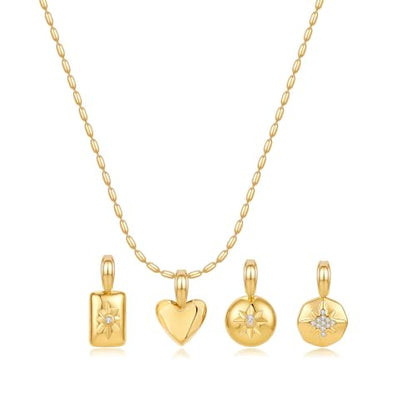Interchangeable Removable CZ Charms Necklace, Gold Silver Stainless Steel Adjustable Box and Rice Bead Chain Minimalist Custom DIY Pendant Jewelry Gifts - color: Gold-B