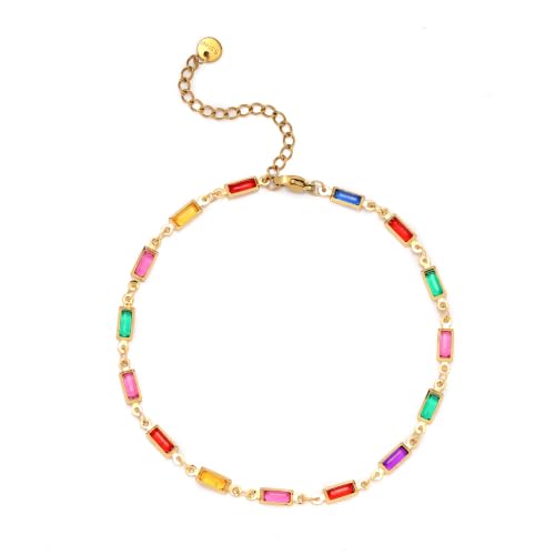 Ankle Bracelets for Women 18K Gold Plated Anklet for Women Gold Charm Anklet Waterproof Summer Beach Foot Chain Jewelry Gifts - style: rectangle colorful cubic zirconia