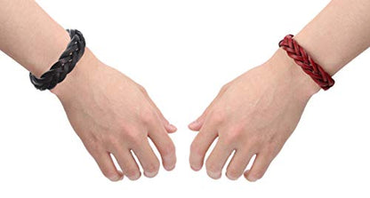 CCBFY Genuine Leather Bracelet Braided Sporty Wide Wristband Punk Jewelry for Men Women - color: Set of 2 - Black + Wine Red