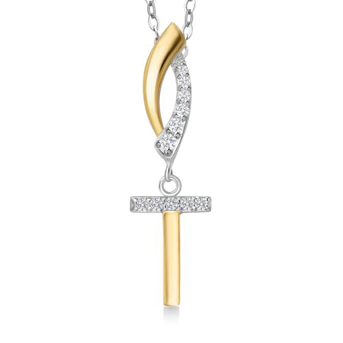 Gem Stone King Initial Pendant Necklace Letter A to Z Alphabet | 10K Yellow Gold and 925 Sterling Silver | White Lab Grown Diamond | Gift Women Mother's Day Wife Mom Girlfriend Anniversary Birthday | - style: Initial T