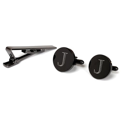 Mens Initial Cufflinks and Tie Clip A-Z Alphabet Letter Black Stainless Cuff Links Tie Bar with Engraved Walnut Wood Box Groom Groomsman Wedding Set - style: Classic-J