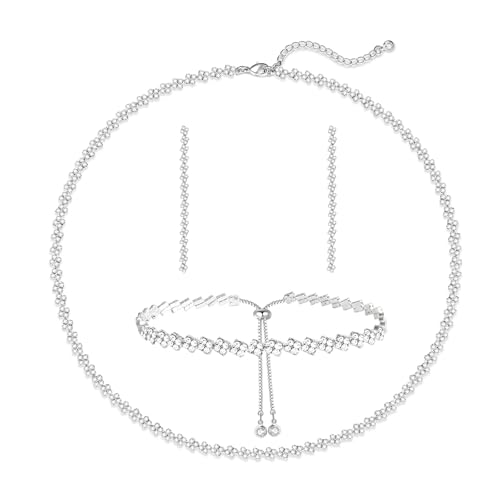 HAXIYA Tennis Necklace Bracelet for Women, Sterling Sliver Jewelry Set, Silver/Gold Chocker Necklace, Crystal Bracelet for Women, Wedding Jewelry for Bride, Sparkly Party Prom Hypoallergenic - color: Silver