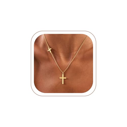 Cross Necklace for Women Dainty Small Cross Pendant Choker 14K Gold Plated Simple Trendy Cute Cross Charm Chain Necklace Easter Baptism Religious Faith Jewelry Gift - color: Two Cross-GD