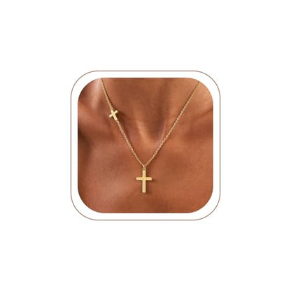 Cross Necklace for Women Dainty Small Cross Pendant Choker 14K Gold Plated Simple Trendy Cute Cross Charm Chain Necklace Easter Baptism Religious Faith Jewelry Gift - color: Two Cross-GD