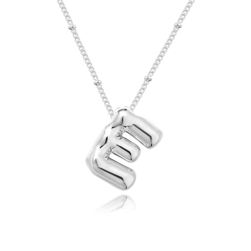 Ewrkbrㅤ Initial Necklaces for Women, 14k Gold Plated Bubble Letter Necklace Chunky Gold Necklace Dainty Charm Initial Necklaces for Women Trendy Custom Preppy Stocking Stuff Necklace Christmas Gifts - color: Silver, style: E